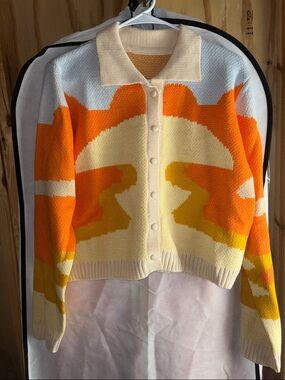 Collared Cream Knit Cardigan with Orange & Yellow Graphic cropped